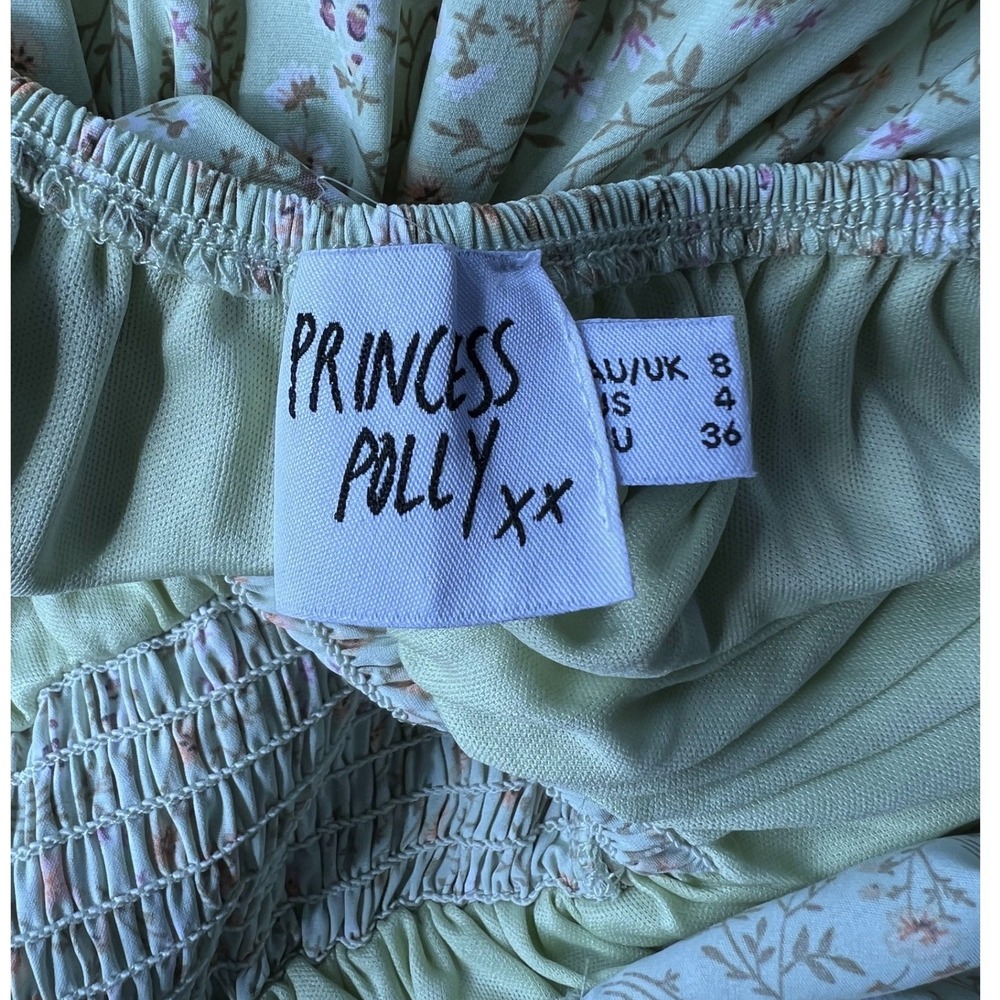 Princess Polly Sage Green Floral Smocked Mini Dress Size 4 - Picture 4 of 6